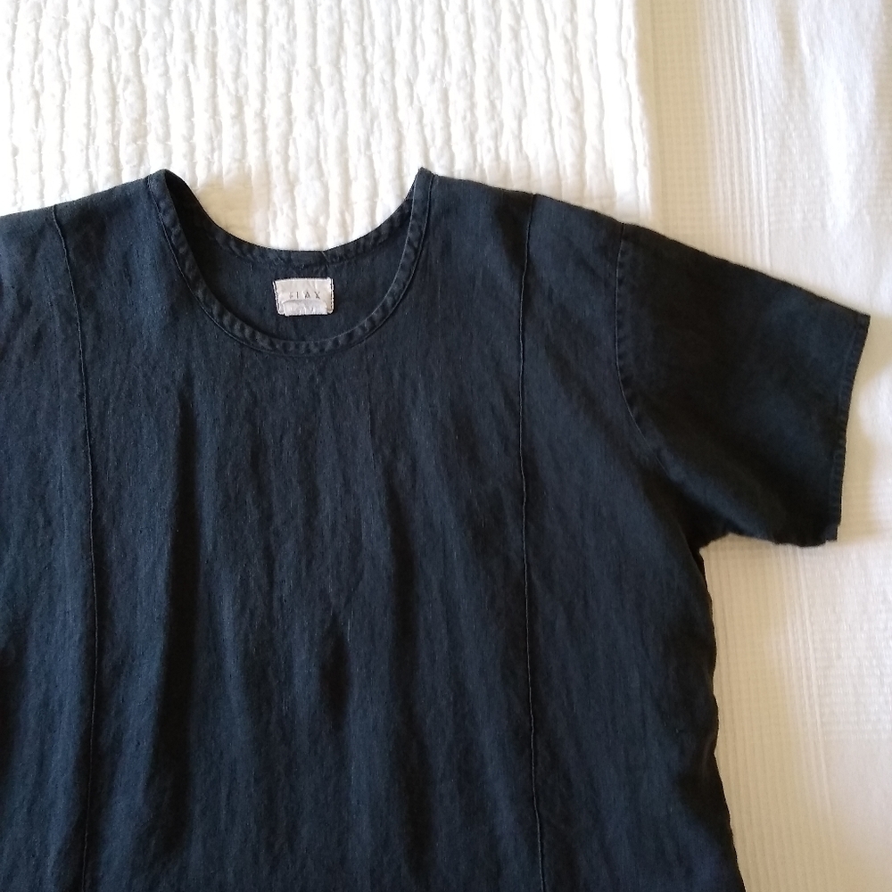 Vintage Flax Black Linen Midi Dress L pockets!